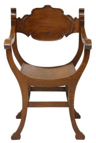 AMERICAN FOLIATE CARVED OAK CURULE CHAIRAmerican