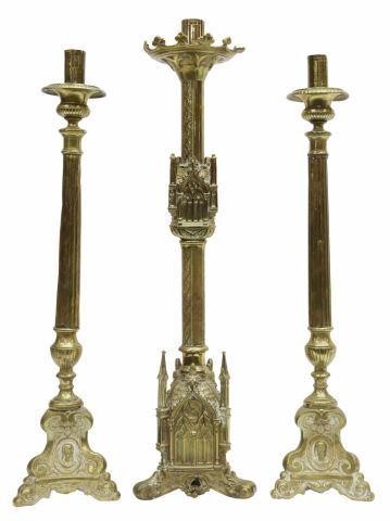  3 GILT METAL CHURCH ALTAR CANDLESTICKS lot 35899d