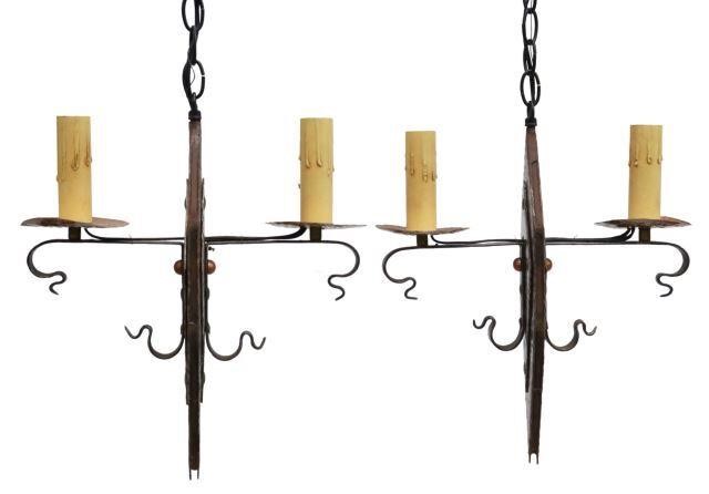  2 WROUGHT IRON TWO LIGHT CHANDELIERS pair  3589b7