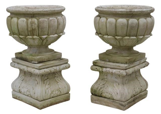  2 FRENCH CAST STONE GARDEN URNS 358a57