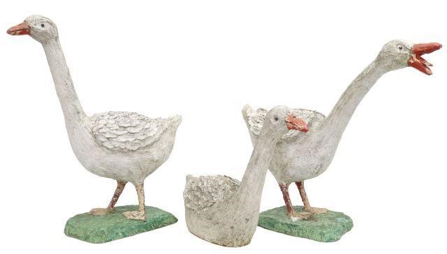 (3) PAINTED CAST STONE GEESE GARDEN
