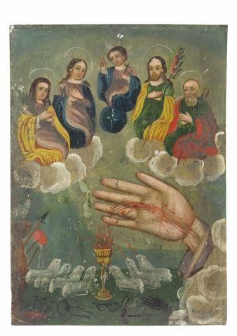 OIL ON TIN RETABLO LA MANO PODEROSA  358a72