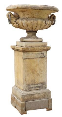 LARGE CAST STONE GARDEN URN W PEDESTAL 358ad0