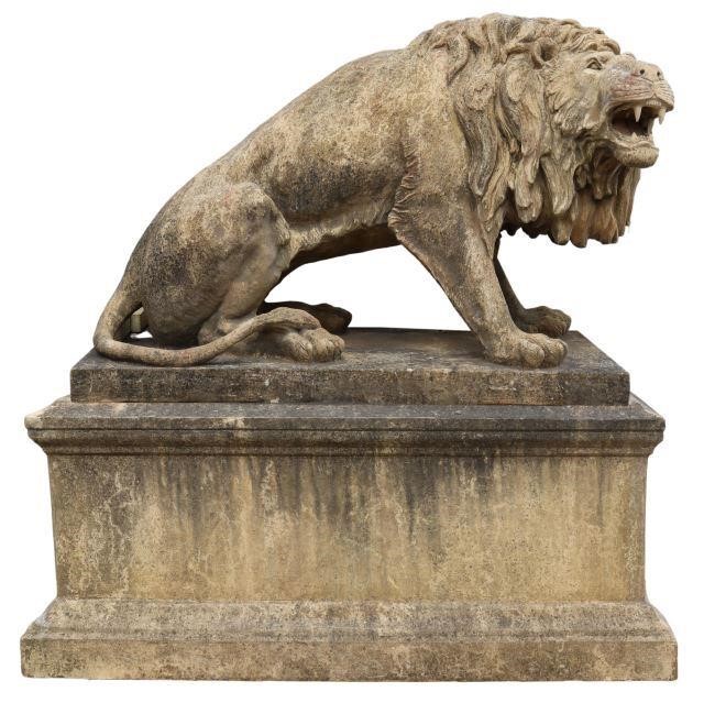 MONUMENTAL CAST STONE LION ON PLINTH 358acd