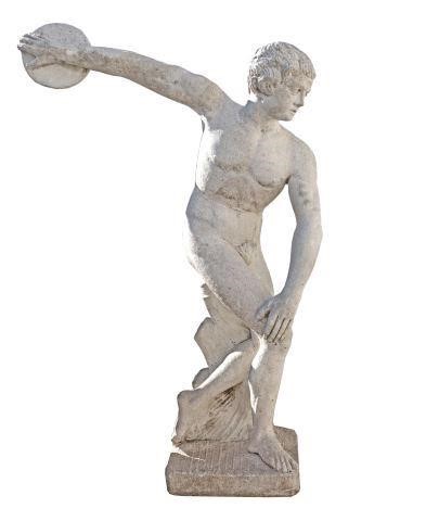 CAST STONE GARDEN STATUE, DISCOBOLUS,