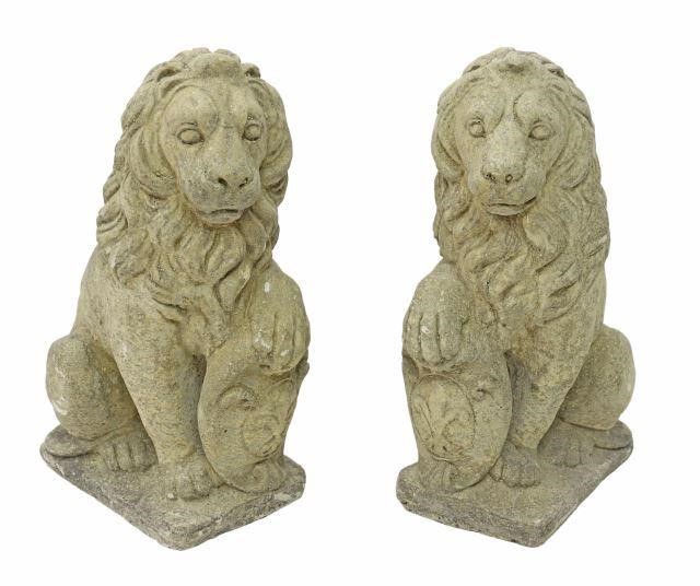 (2) CAST STONE SEATED LIONS FLEUR-DE-LIS