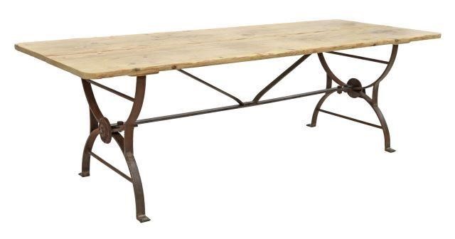 LARGE PINE & WROUGHT IRON COFFEE TABLE,