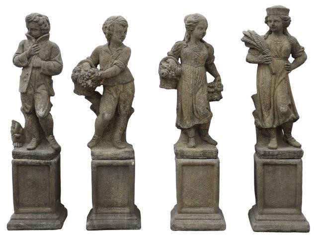 (4) CAST STONE FOUR SEASONS GARDEN STATUES,