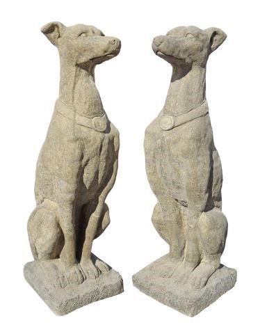  2 CAST STONE SEATED DOGS GARDEN 358d78