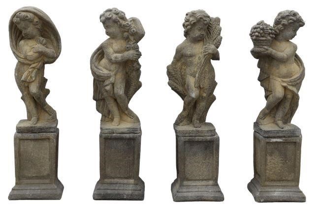 (4) CAST STONE FOUR SEASONS GARDEN STATUES,