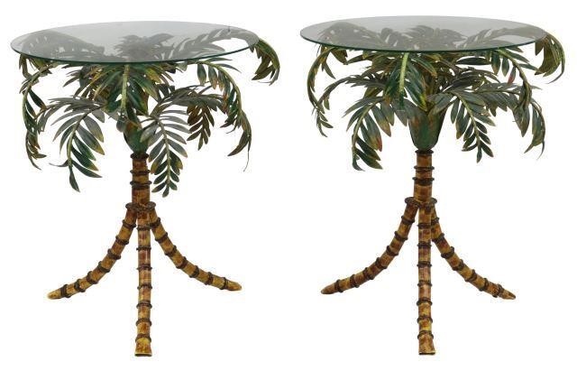  2 GLASS TOP TOLE PAINTED PALM 358e25