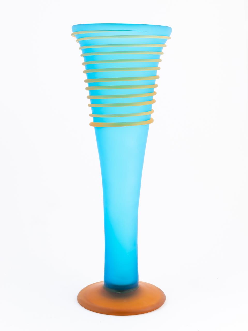 BLUE TALL ART GLASS VASE, ORANGE BASE