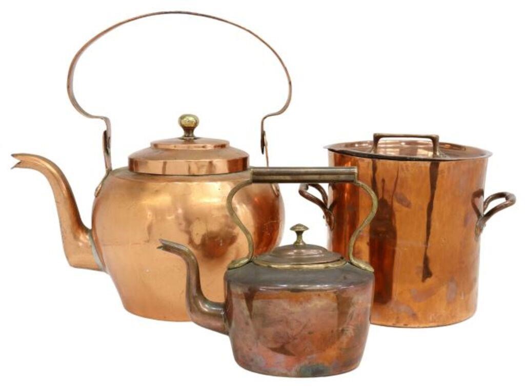  3 FRENCH COPPER BRASS KETTLES  3568df