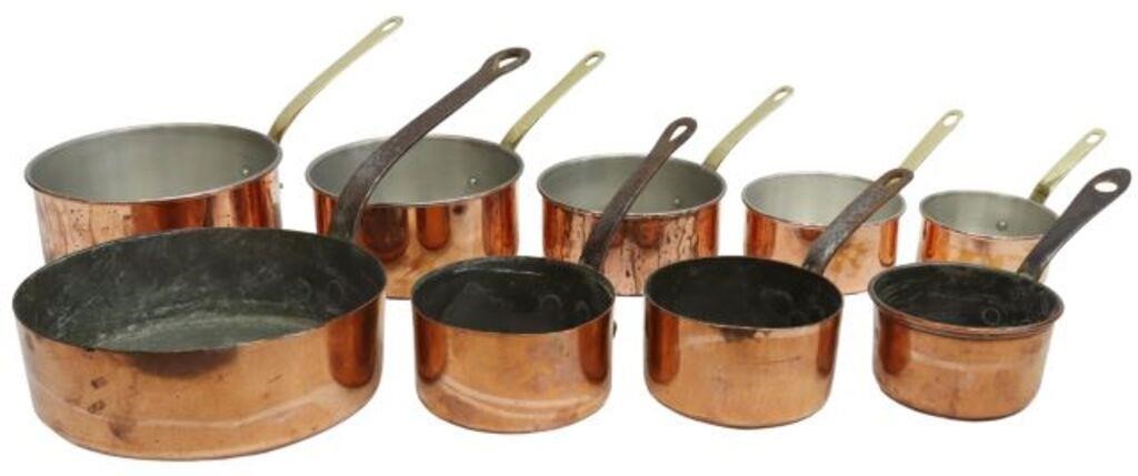  9 FRENCH COPPER GRADUATED SAUCEPANS lot 3568dc