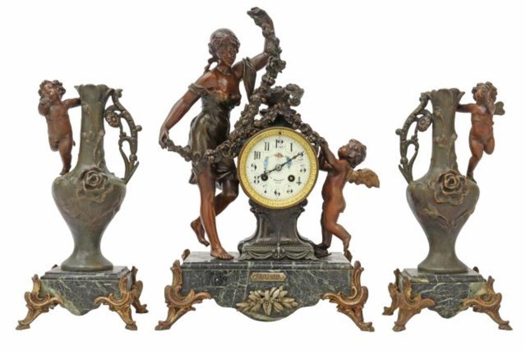 (3) FRENCH FIGURAL MANTEL CLOCK & GARNITURES(lot