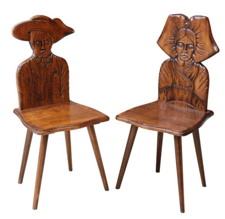 (2) FRENCH BRETON CARVED OAK FIGURAL