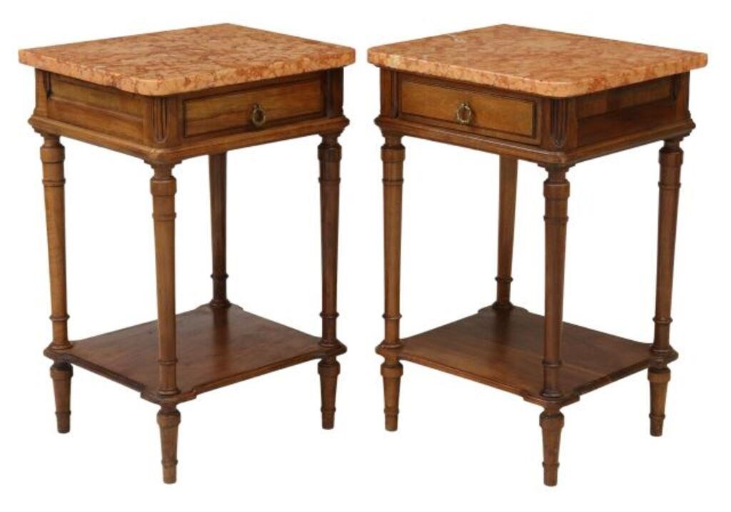  2 FRENCH MARBLE TOP WALNUT NIGHTSTANDS pair  356b81