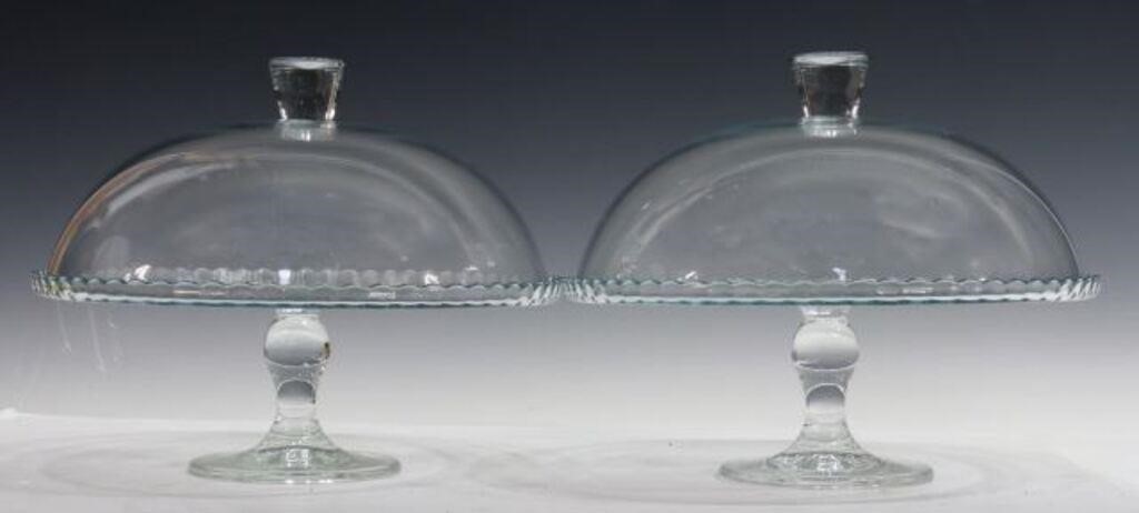 (2) COLORLESS GLASS COVERED CAKE STANDS,
