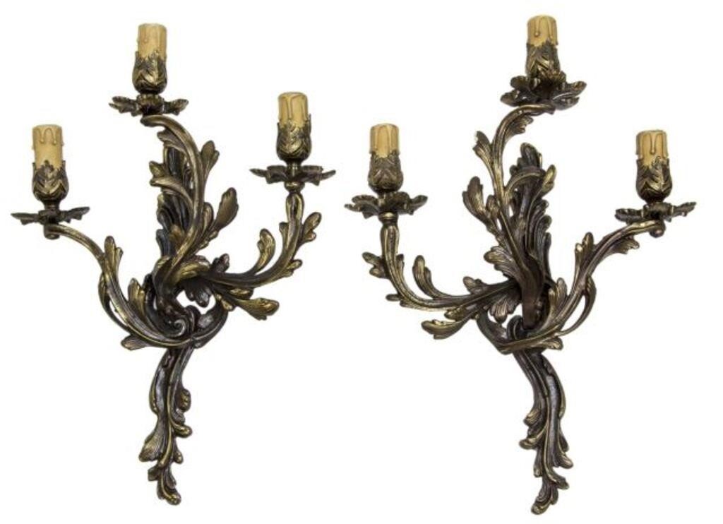  2 LOUIS XV STYLE GILT METAL THREE LIGHT 356bca