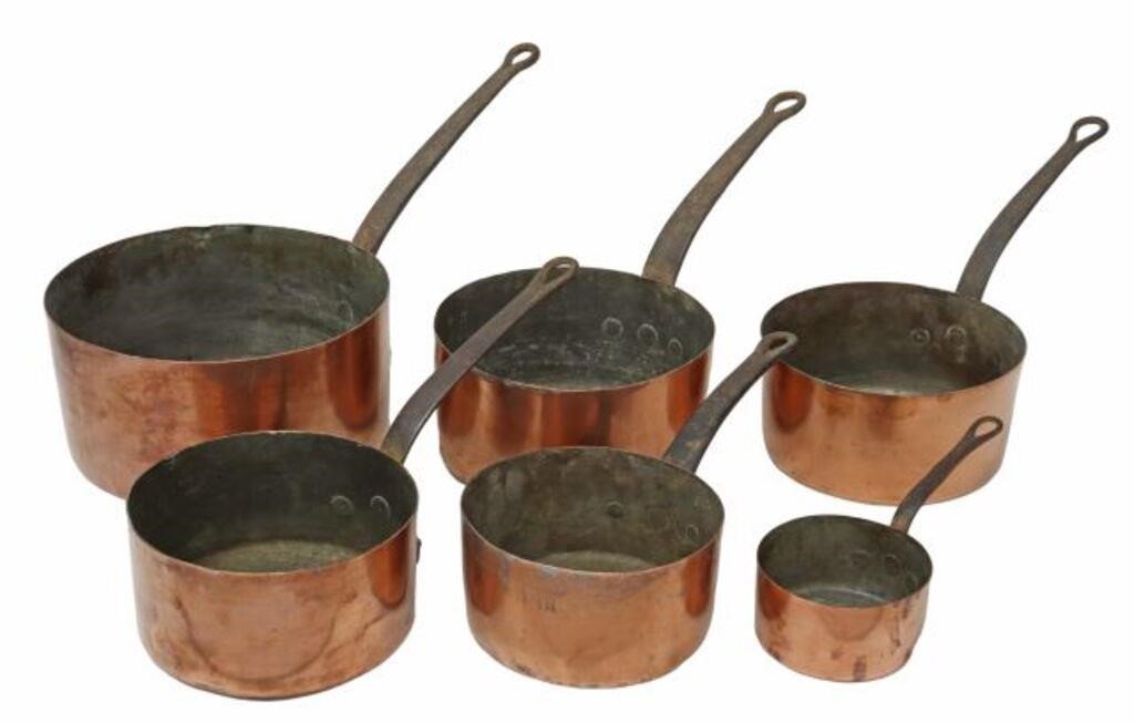  6 FRENCH COPPER GRADUATED SAUCEPANS lot 356cce