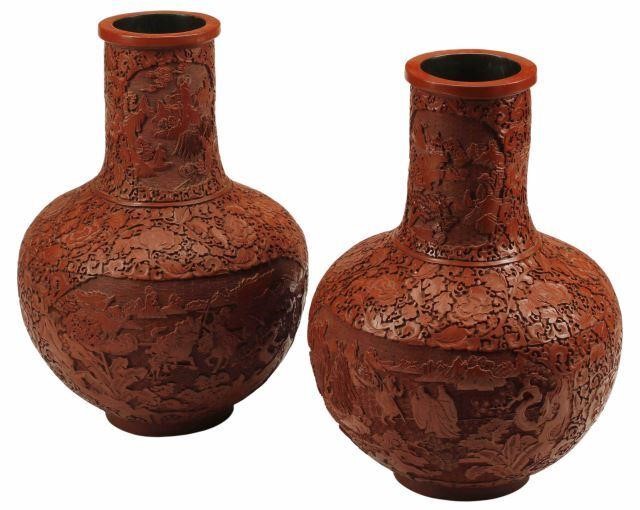  2 LARGE CHINESE CINNABAR VASES  356d98