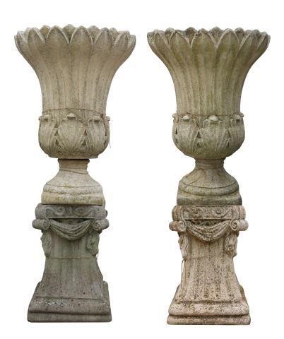 (LOT) LARGE CAST STONE TULIP URNS ON