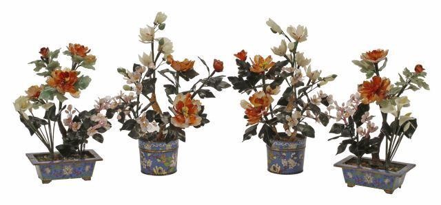  2 PR CHINESE JADE TREES ON CLOISONNE 356e60