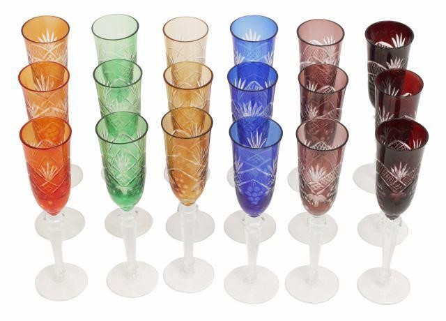 (18) COLORED CRYSTAL CHAMPAGNE FLUTES(lot
