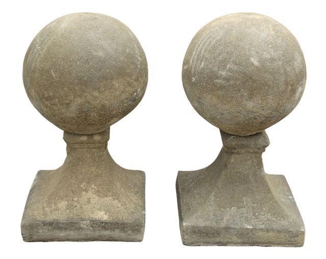  2 CAST STONE BALL PIERS ON PANELED 357062