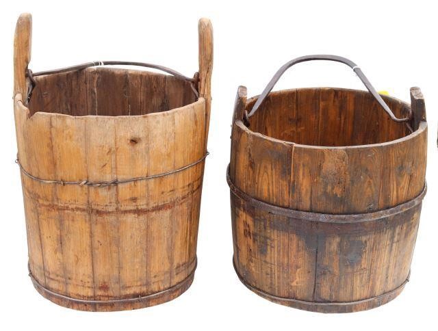 (2) IRON & STAVED WOOD WELL BUCKETS,