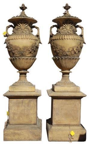  2 MONUMENTAL CAST STONE URNS 357217