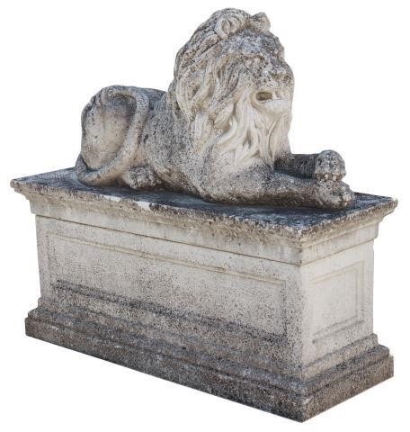 MONUMENTAL CAST STON LION ON PLINTH 357215