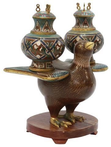 CHINESE CLOISONNE ENAMEL BIRD WITH URNS