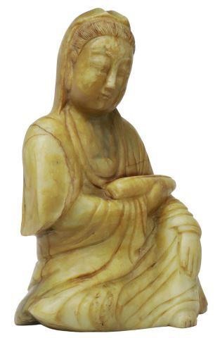 CHINESE CARVED STONE SEATED GUANYIN,