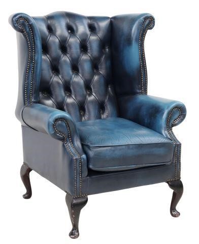 QUEEN ANNE STYLE BLUE LEATHER WINGBACK 35738e