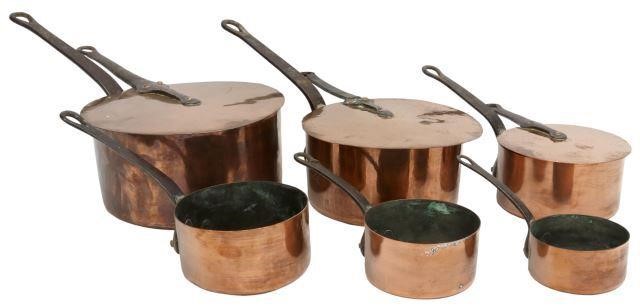  6 FRENCH COPPER GRADUATED SAUCEPANS 3573b2