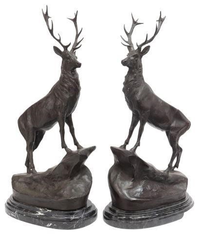  2 PATINATED BRONZE STAGS AFTER 3573ad