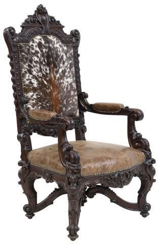 BAROQUE STYLE CARVED OAK COWHIDE