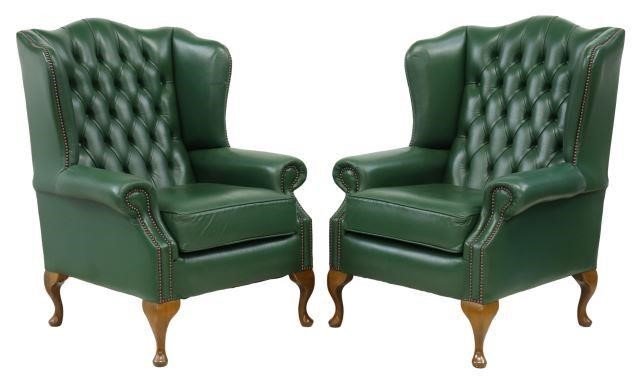  2 QUEEN ANNE STYLE GREEN LEATHER 357416