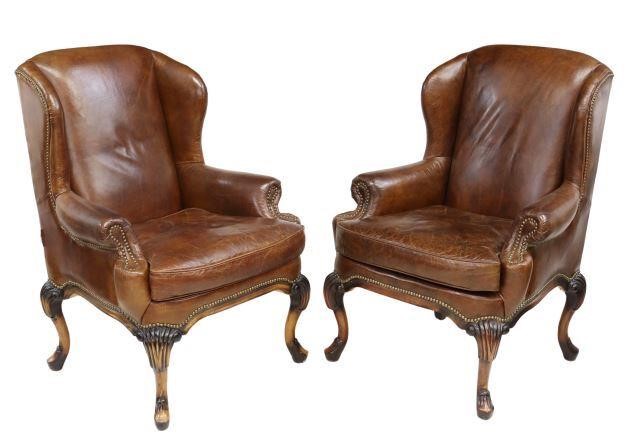  2 QUEEN ANNE STYLE BROWN LEATHER 357421