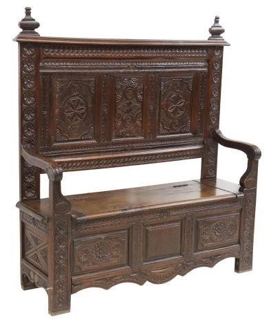 FRENCH BRETON CARVED OAK HALL BENCHFrench