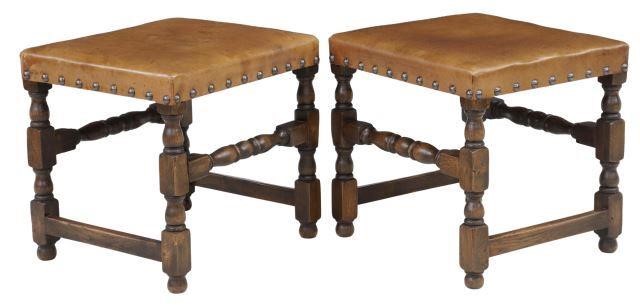  2 ENGLISH LEATHER OAK STOOLS 35749f