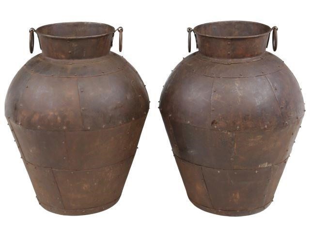(2) LARGE RIVETED IRON FLOOR VASES,
