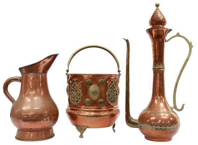 (3) COPPER PITCHER, BUCKET & TURKISH