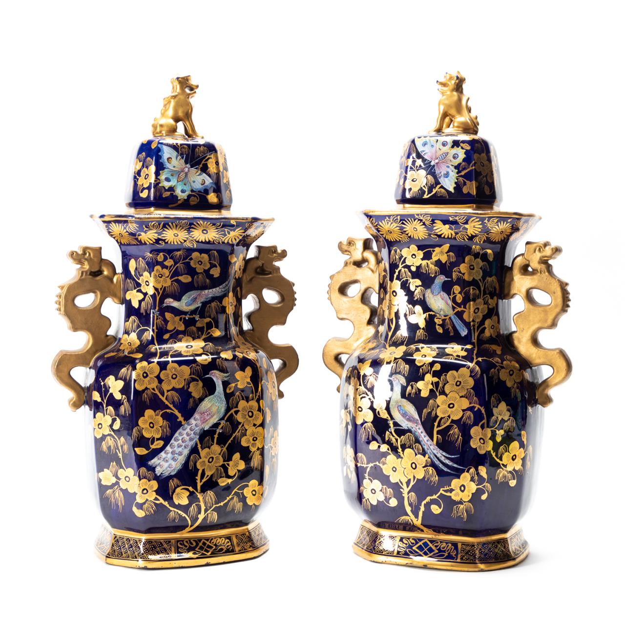 PAIR COBALT GILT LIDDED PEACOCK 359f6c