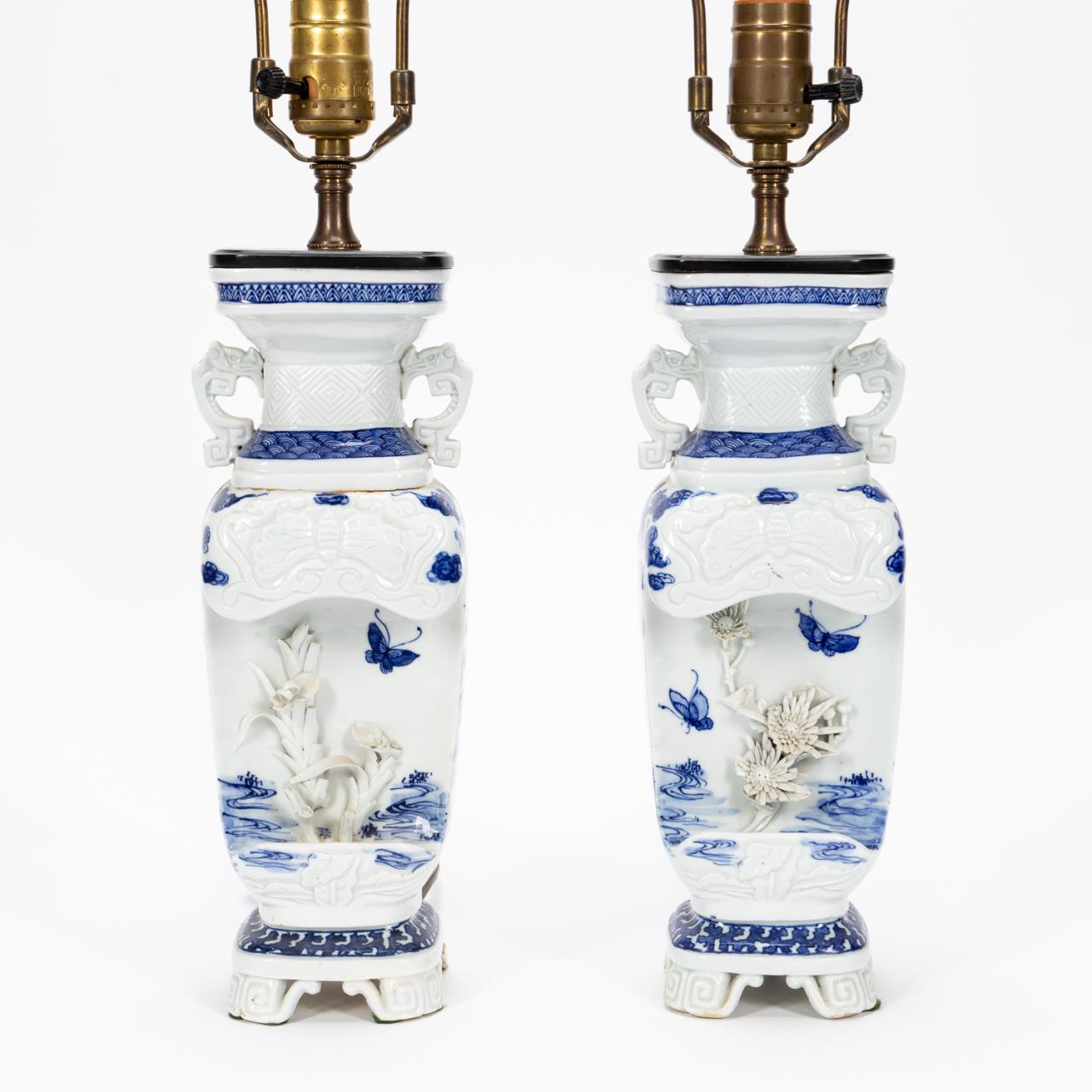 PAIR, BLUE & WHITE TABLE LAMPS,