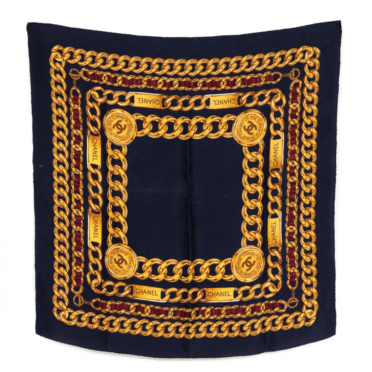 CHANEL NAVY & GOLD CHAIN PATTERN SILK