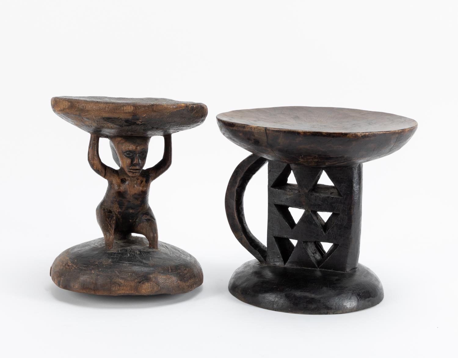 2 AFRICAN CARVED WOOD STOOLS, LUBA