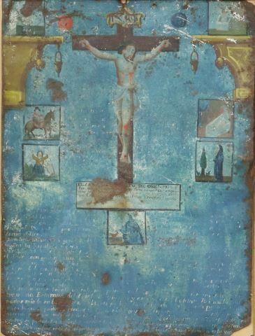 OIL ON TIN EX-VOTO RETABLO, CRUCIFIX,