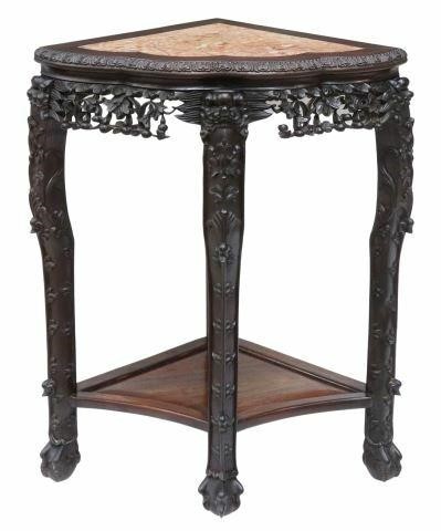 CHINESE MARBLE-TOP CARVED ROSEWOOD CORNER